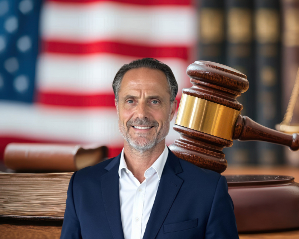 A professional man in a suit stands smiling in front of a blurred American flag background, with a judge’s gavel and law books visible beside him.