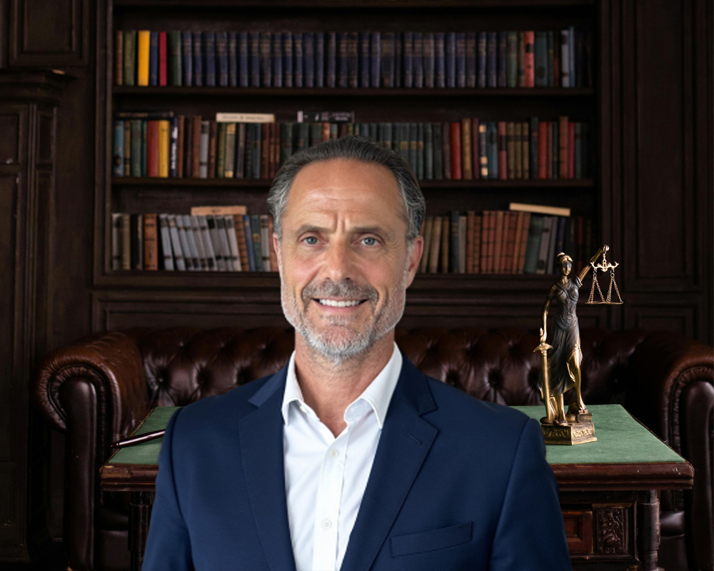 A man in a suit stands in front of a wooden bookshelf filled with legal books, with a small statue of Lady Justice placed on a desk beside him.